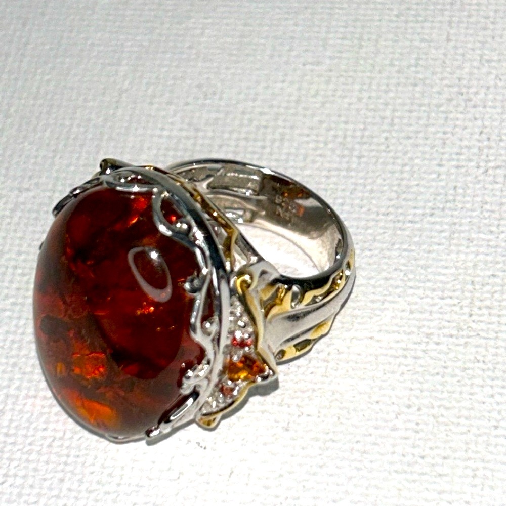 Baltic Amber, Citrine, Sterling Silver, 18K Plating Ring By Gems En Vogue - Picture 2 of 16